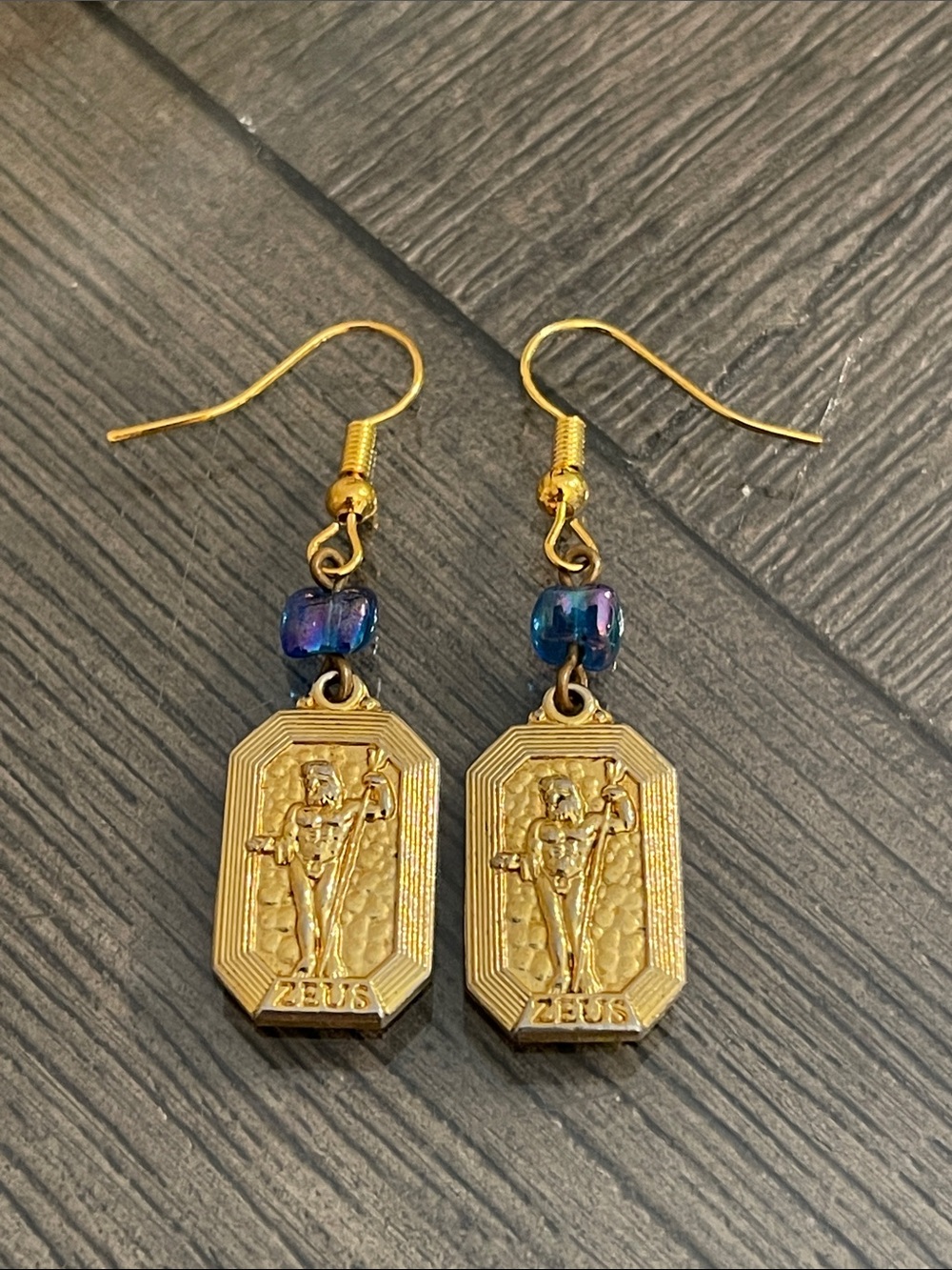 Vintage Gold-tone Rectangular Zeus Medallion Dangle Earrings